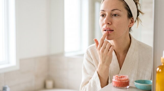 Woman in headband and white bathrobe applying lip scrub on chapped lips in bright bathroom
