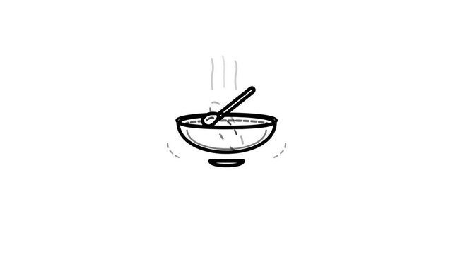 Minimalist hand-drawn animation of a steaming bowl of hot soup with spoon