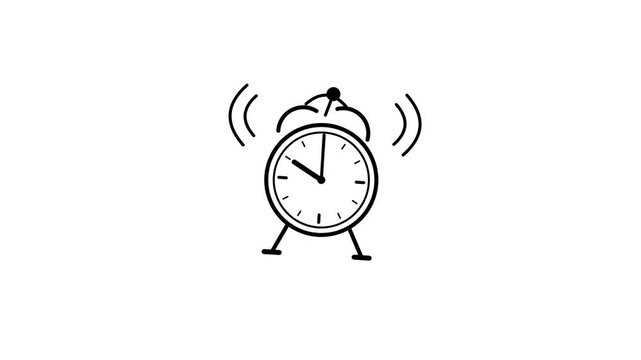Minimalist hand-drawn animation of a ringing alarm clock on white background