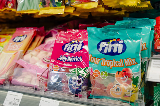 September 24, 2026, Amsterdam, Netherlands - Fini brand candy bags displayed on a shelf in a SPAR supermarket