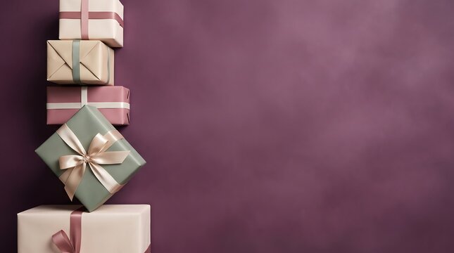 A high-angle studio composition featuring five wrapped gift boxes in cream, sage green, and mauve tones with satin ribbons along the left side against a solid purple background