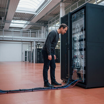 IT engineer inspecting a secure server rack cabinet in a modern data center with glowing cybersecurity lock icons