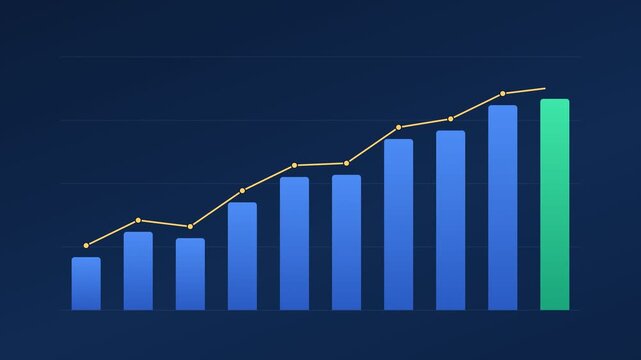 Animated bar chart with trend line without text or numbers, blank navy business infographic template 4K