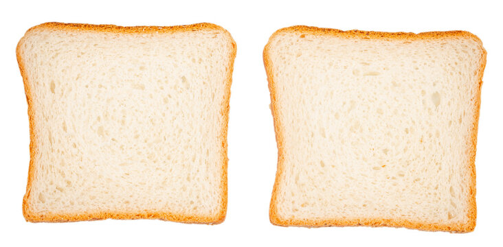Two slices of white bread with golden crusts and soft texture, isolated side by side against a clean white background as a simple food composition