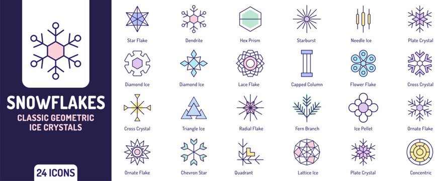 Snowflakes Icon Set for Classic Geometric Ice Crystals Winter Frozen Frost and Christmas Holiday Symbols UI