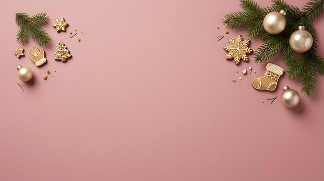 Elegant Christmas Background with Gingerbread Cookies, Golden Ornaments and Pine Branches on Dusty Pink Background