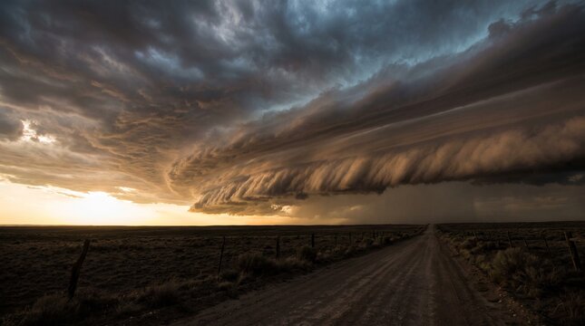Massive shelf cloud advancing across a golden sunset sky over a flat rural road, dramatic storm front with layered cloud formations