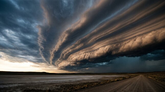 Giant shelf cloud advancing across vast sky over an empty dirt road and flooded plains, dramatic storm front with golden sunset glow