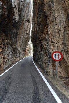 Narrow canyon on the mountain road to Sa Calobra, Serra de Tramuntana, Majorca, Balearic Islands, Spain