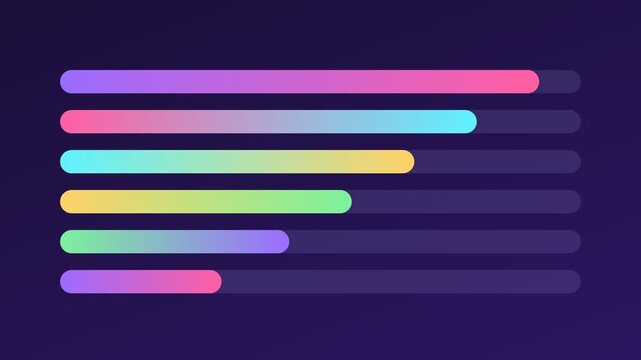 Animated horizontal bar chart without text or numbers, blank purple business infographic template 4K