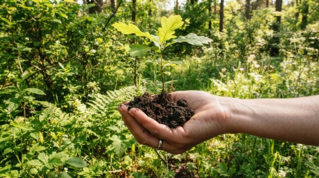 Person holding a young oak tree sapling in soil outdoors