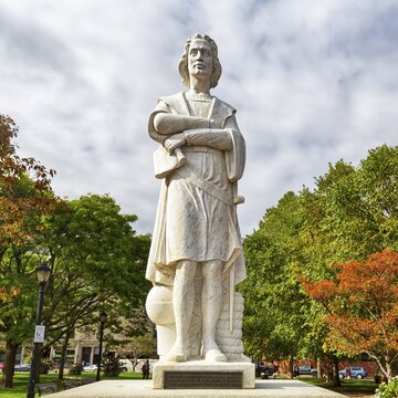 Monument to Christopher Columbus, white marble statue, North End, Boston, Massachusetts, New England, USA