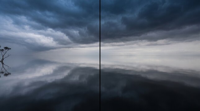 Stormy sky reflecting in still water beside a lone bare tree, split composition of dark clouds and mirror calm lake in moody blue gray tones
