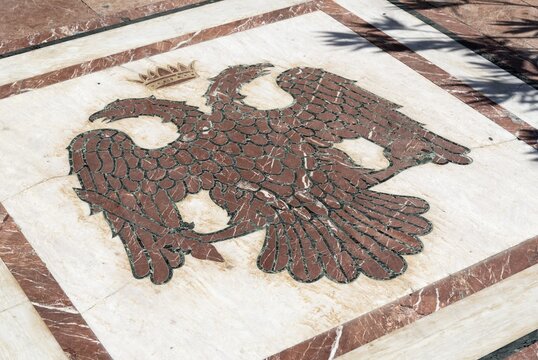 Mosaic floor with double-headed eagle, symbol of Greek orthodox church at St. Dionysios, Zakynthos, Zakynthos Island, Greece