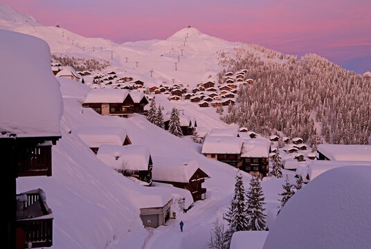 Village view snow-covered at dusk, Bettmeralp, Aletsch area, Upper Valais, Valais, Switzerland