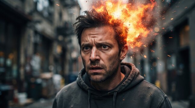 Man with his head on fire standing in city street