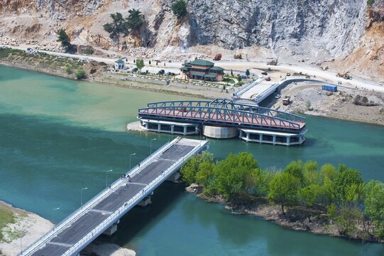 Newly constructed swing bridge over Buna River, Shkod&euml;r, Shkodra, Albania