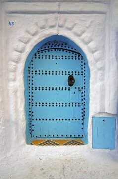 Blue door in the streets of the Chefchaouen, Chaouen, Medina, Morocco, Africa