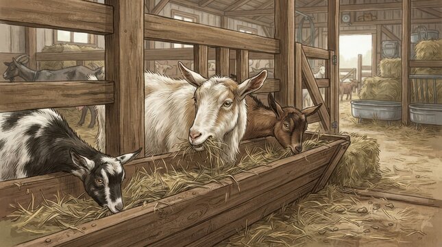 Goats eating hay in a wooden stable