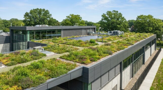 Modern commercial building with extensive green roof and native plants