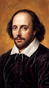A classic oil painting style portrait of the playwright William Shakespeare, featuring his iconic lace collar and dark Elizabethan attire against a golden background.