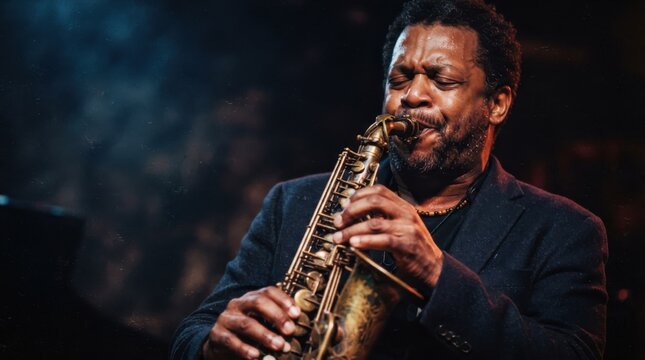Black man playing saxophone passionately in a dark venue