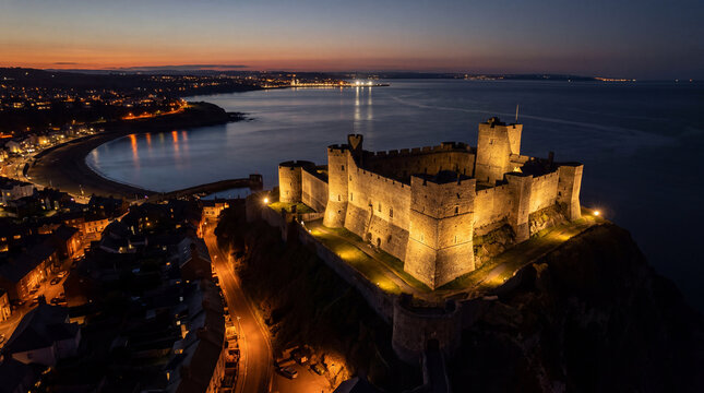 Aerial view of a historic medieval stone castle illuminated at night, overlooking a scenic coastal town, harbor, and sea during a beautiful twilight sunset.
