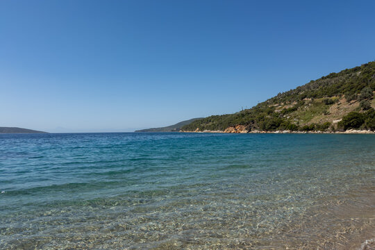 Agios Dimitrios, white pebbled beach, located on the eastern side of Alonnisos, Greece