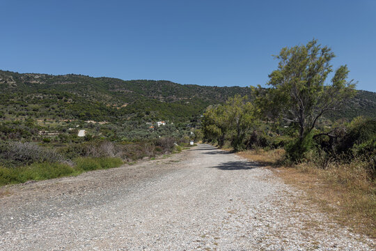 Parkring area to Agios Dimitrios, white pebbled beach, located on the eastern side of Alonnisos, Greece