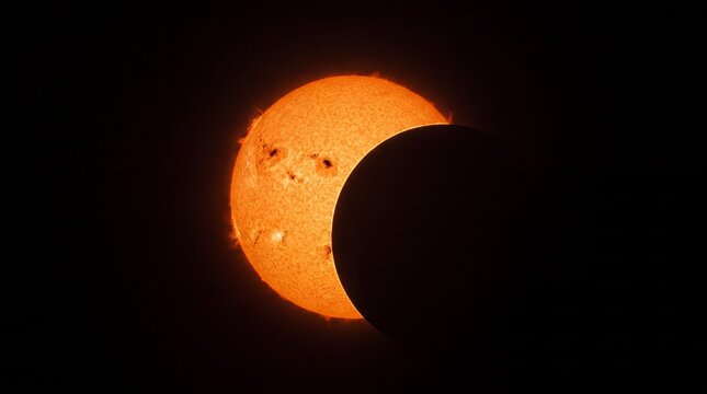 A high-detail telescopic view of the partial solar eclipse of April 8, 2024, showing the lunar silhouette moving across the burning orange surface of the Sun.