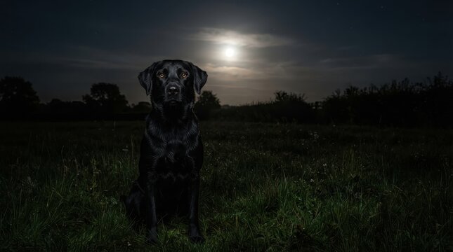 Black Labrador sitting in a grassy field at night under full moon