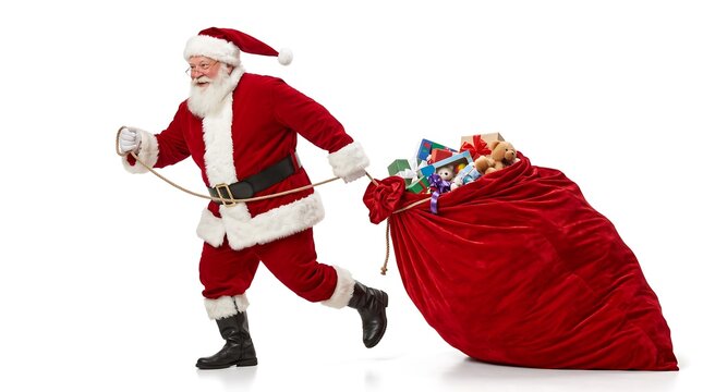 Santa claus pulling a large sack of christmas gifts