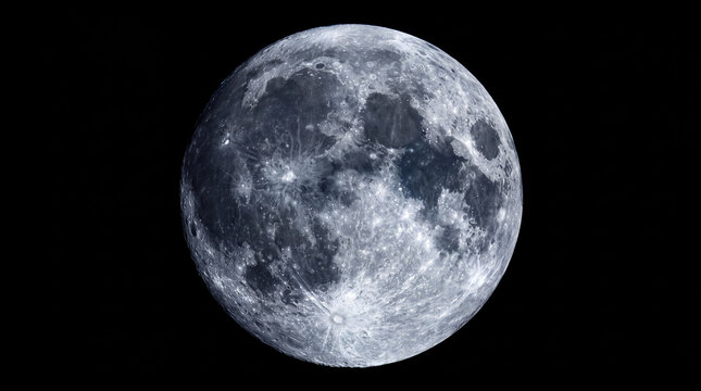 A high-resolution, detailed image of the full moon set against a solid black background, showcasing craters and lunar surface textures.