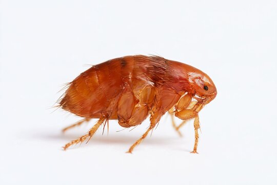 Flea with reddish brown body, overlapping shell, jointed legs, and fine bristles shown in detailed side profile against a clean white background, scientific macro photograph
