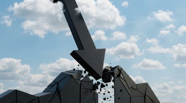 Black arrow crashing and breaking dark structure against a cloudy sky