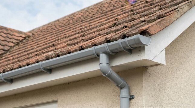 Grey plastic rain gutter and downpipe on house roof with clay tiles