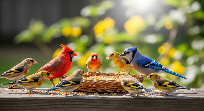 Vibrant birds feeding together on a rustic wooden table in a sunlit garden setting