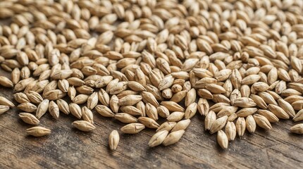 Fototapeta premium Barley grains scattered on a rustic wooden table