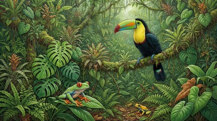 Fototapeta premium Toucan and red-eyed tree frogs in a lush tropical rainforest