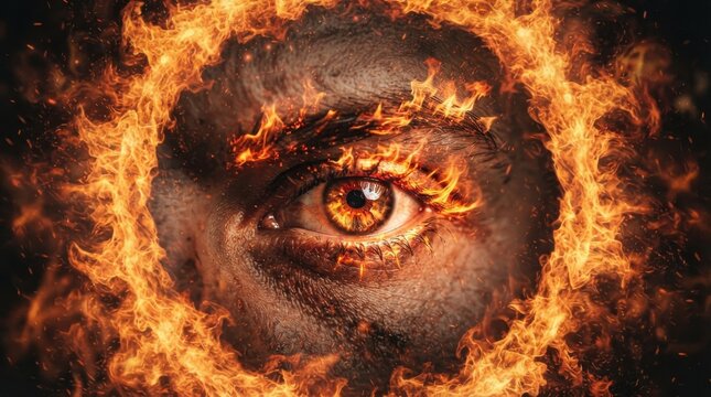 Close-up of a human eye surrounded by a ring of intense fire