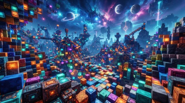 Vibrant glowing voxel cube landscape in space with planets and nebula