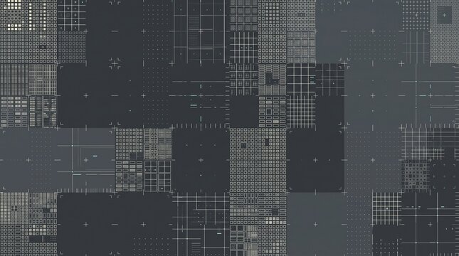 Abstract technical grid pattern featuring dark gray geometric shapes and precise digital interface lines on background with interface elements arranged