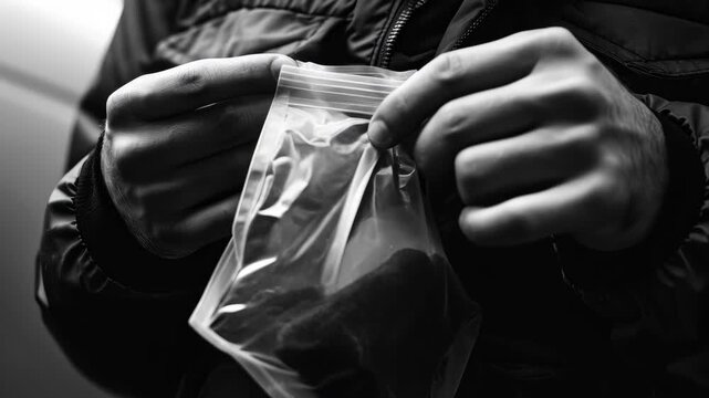 Close-up of Hands Holding a Plastic Bag with Powder Substance