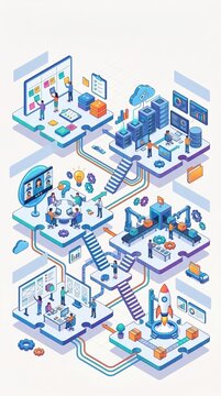 Isometric cloud server and data center concept illustration with network technology modules