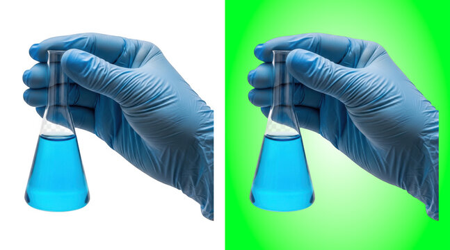 Gloved hands holding blue liquid in laboratory glassware