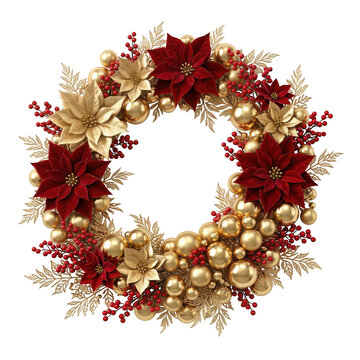 Christmas wreath with red poinsettia flowers, gold baubles, and berries isolated on transparent background