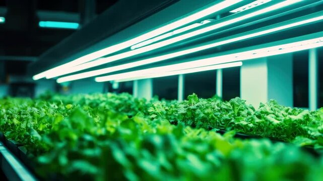 Lettuce Growing in a Modern Indoor Vertical Farm with LED Lighting