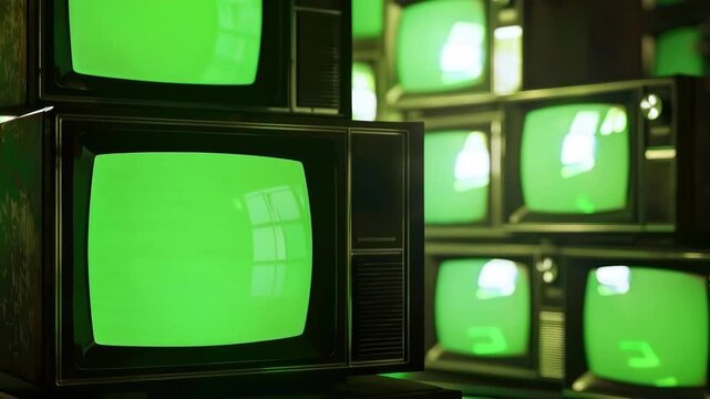 Stack of Vintage CRT Televisions with Glowing Green Displays