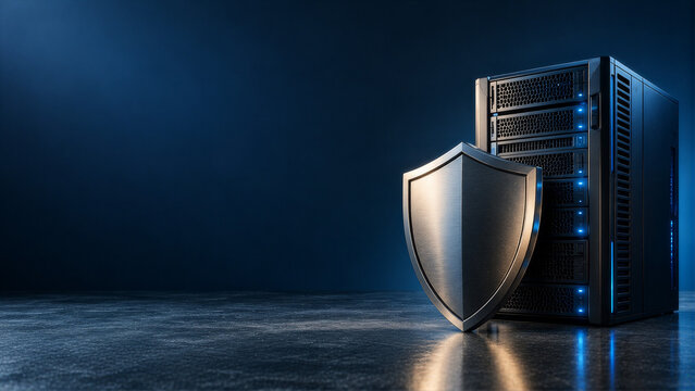 Cybersecurity and Data Protection Concept with Server and Metal Shield, Secure Digital Infrastructure