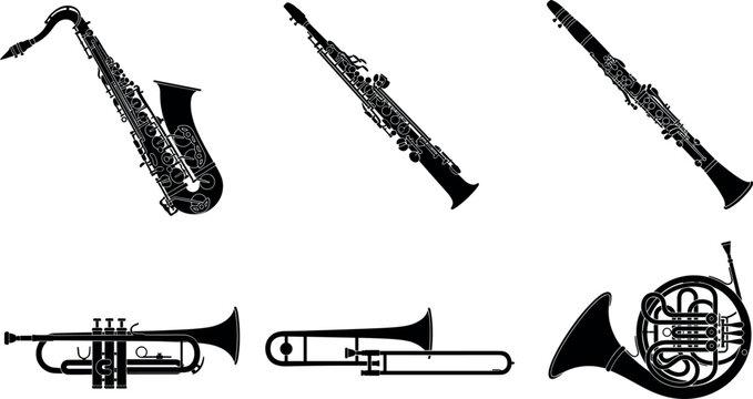 Brass and Woodwind Musical Instruments Silhouette Icons Vector Set Tenor Saxophone Oboe Clarinet Valve Trumpet Slide Trombone and French Horn Clipart Black Vector Illustration Set